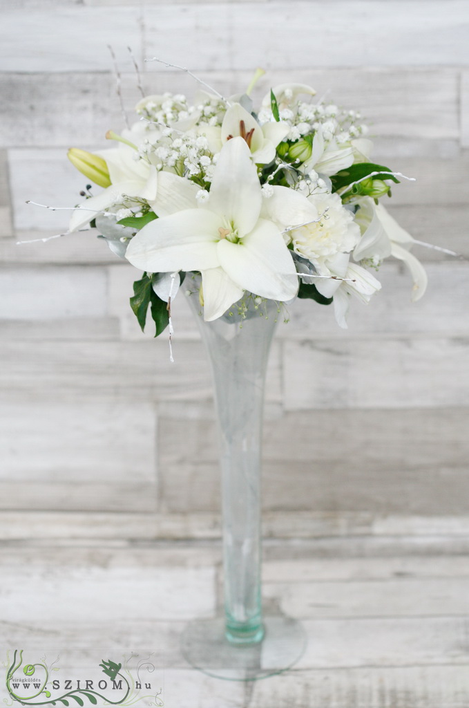 flower delivery Budapest - Tall vase centerpiece with white lilies, winter decor, wedding