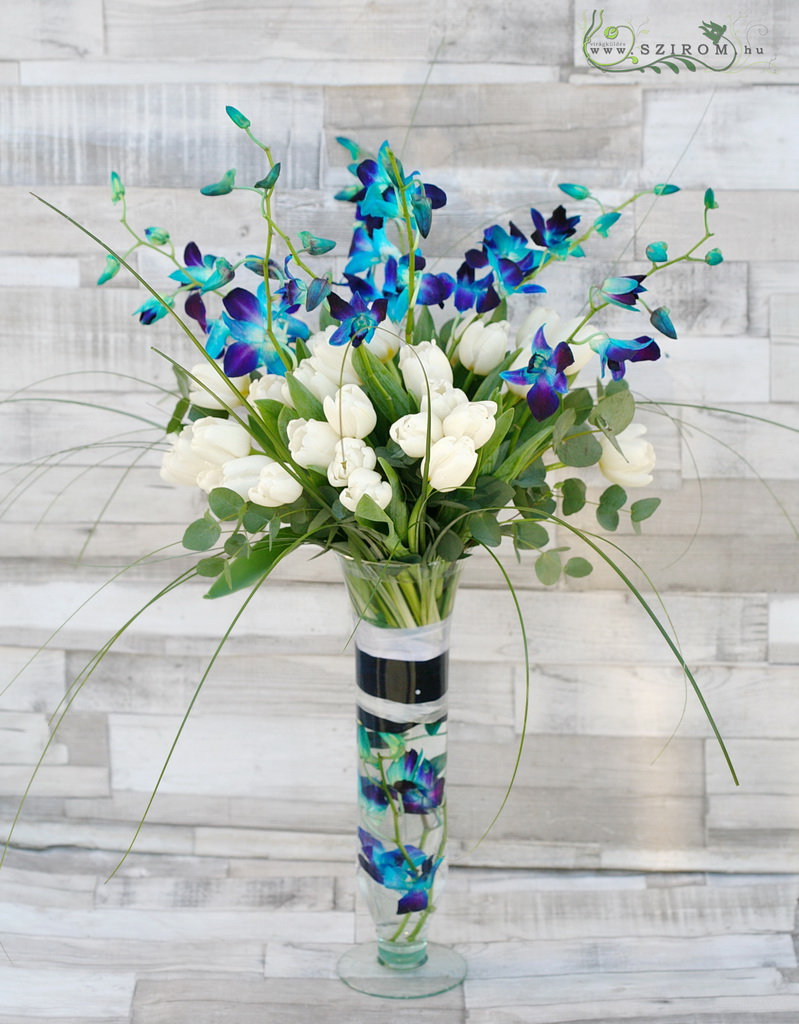 flower delivery Budapest - Tall vase with tulips, blue orchids, wedding