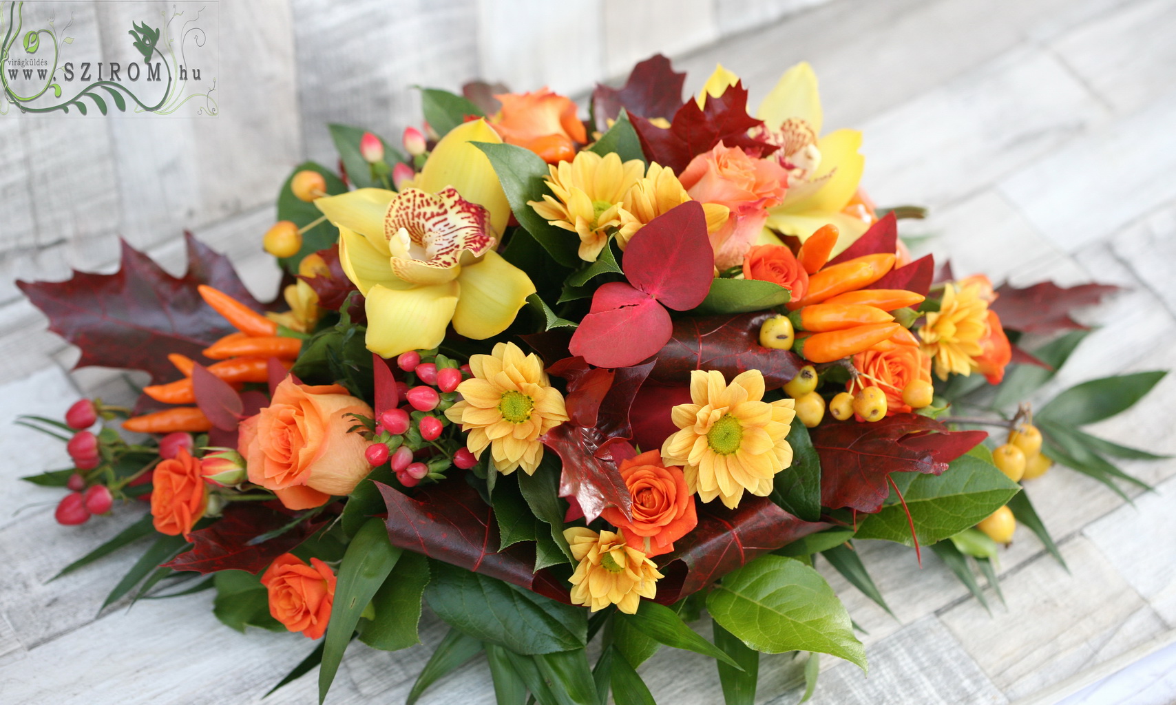 flower delivery Budapest - Centerpiece autumn, oval (orange, orchid, rose, chrysantemum daisy), wedding