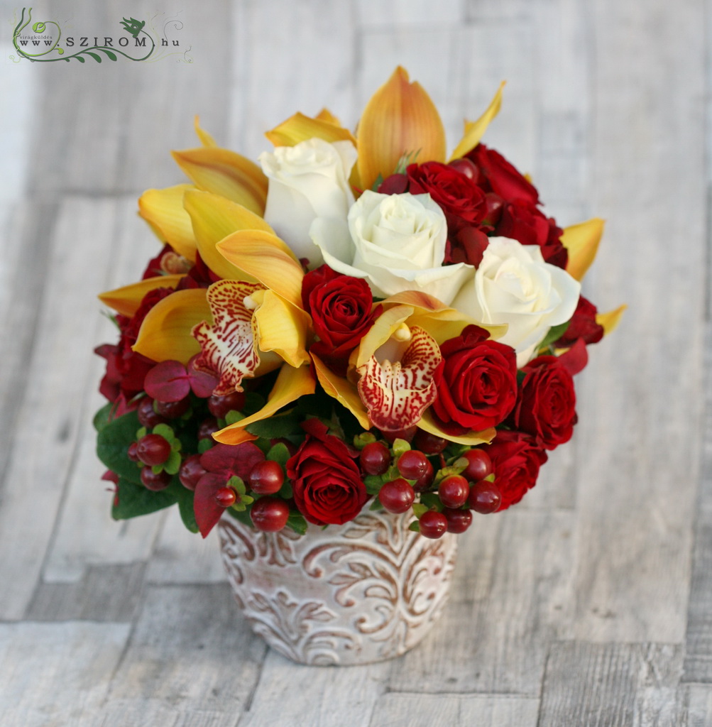 flower delivery Budapest - Centerpiece with orchids and roses, autumn (red, yellow, orchid, rose), wedding