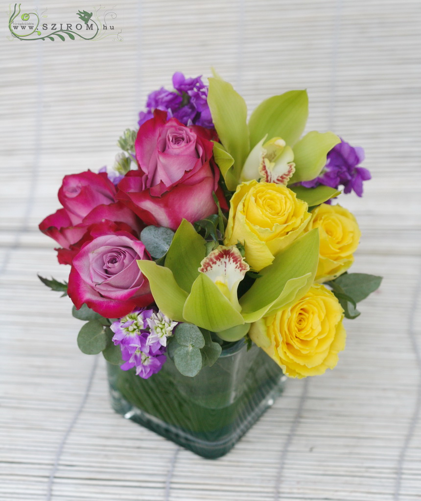 flower delivery Budapest - Centerpiece colorull summer style (purple, yellow), wedding