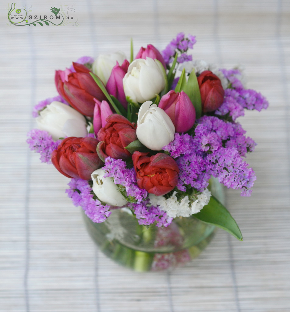 flower delivery Budapest - Centerpiece with tulips and limoniums (red, whte, purple), wedding