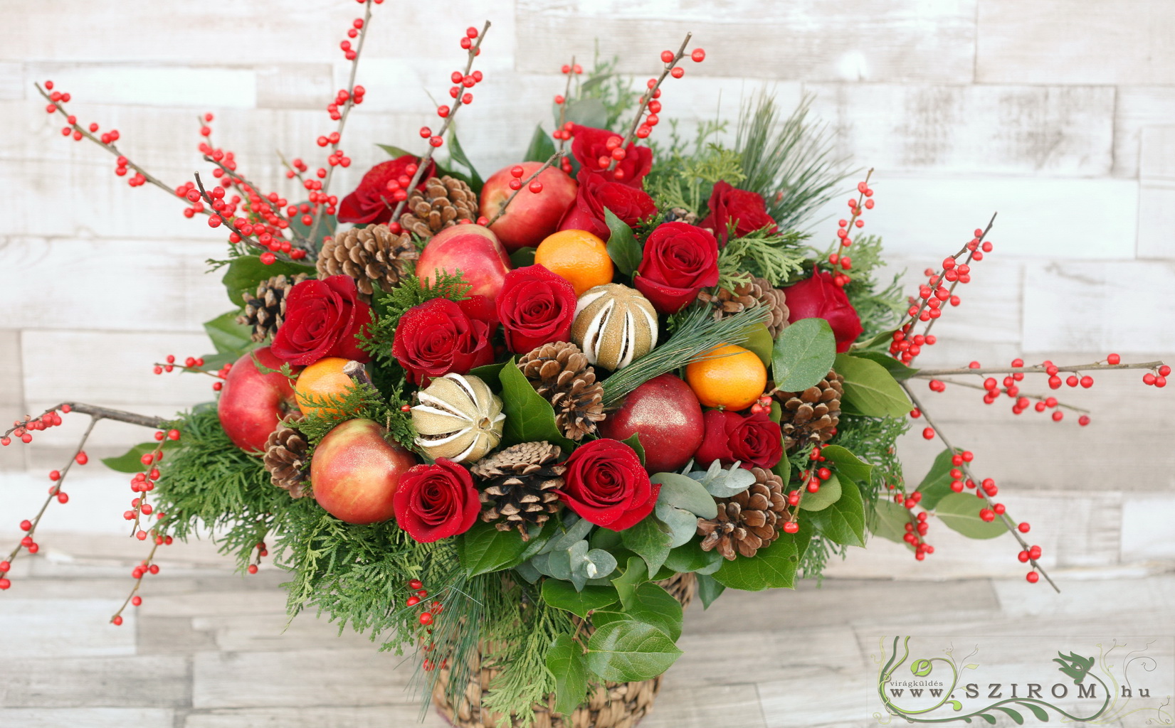 flower delivery Budapest - Main table centerpiece, autumn (roses, cones, apple, autumn-berries, red, orange), wedding