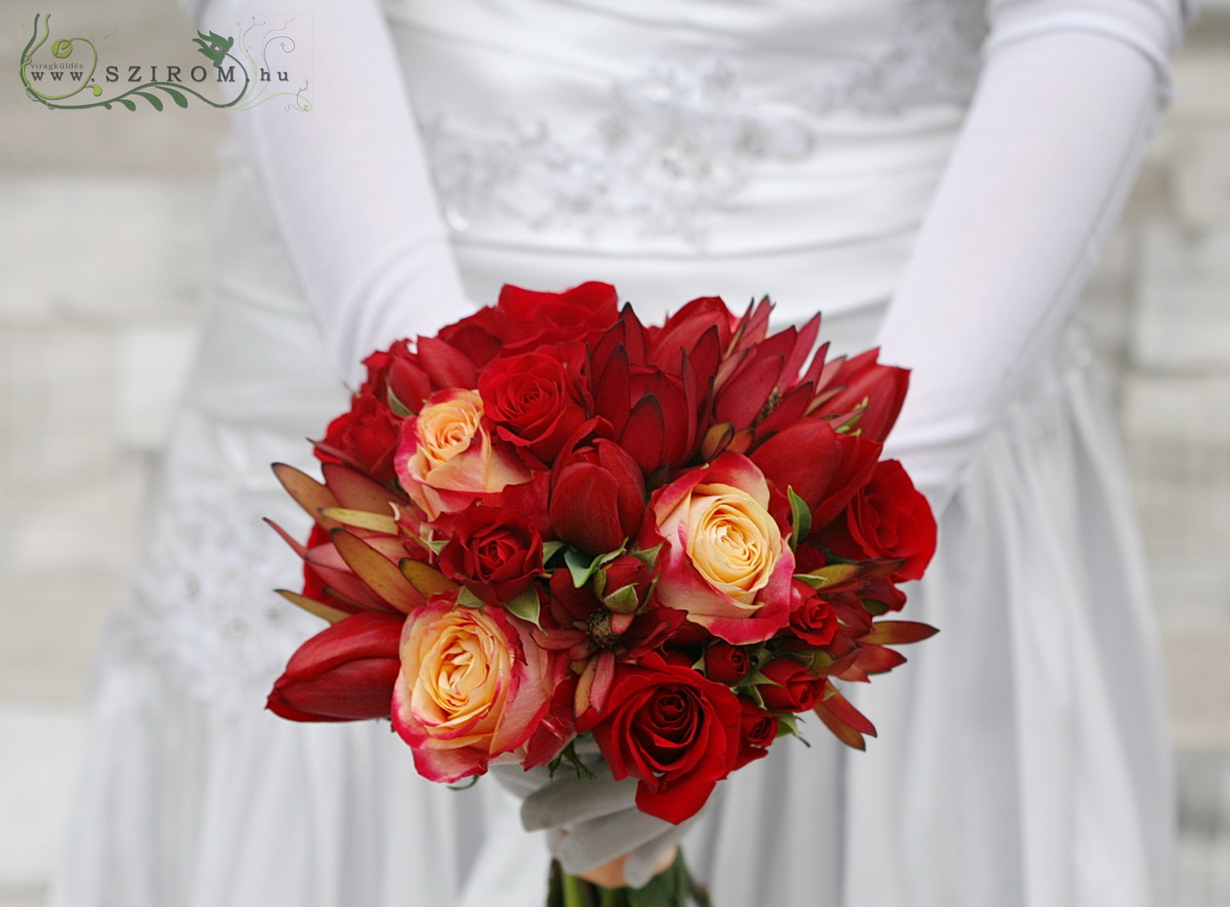 Menyasszonyi csokor izzó vörös ( rózsa, tulipán, bokros rózsa, leucadendron)
