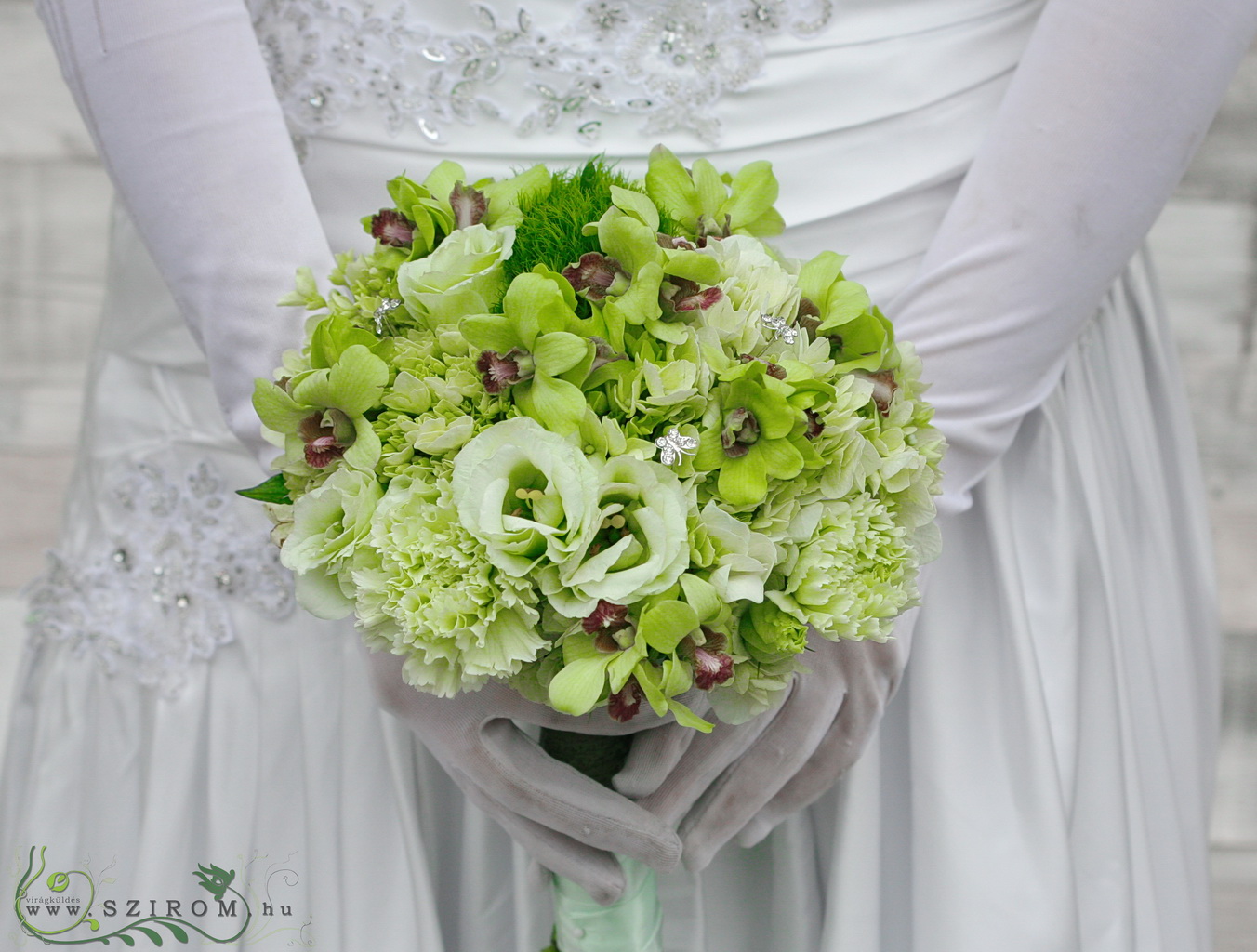 flower delivery Budapest - Bridal bouquet green, with dendrobium (Orchid, Carnation, Liziantus, Hydrangea,)