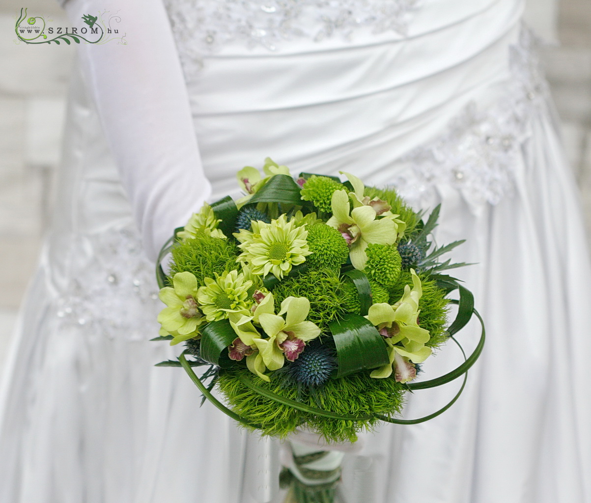 flower delivery Budapest - Bridal bouquet greenery style with dianthus temarisou,orchidea,santini green