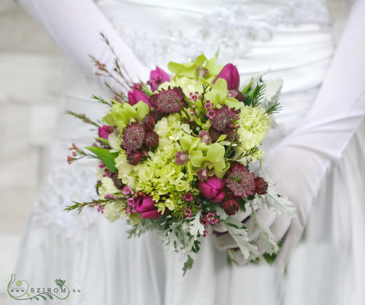 flower delivery Budapest - Bridal bouquet with hydrangeas, tulips,astrantia (green, pink)