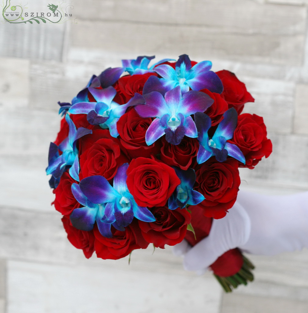 flower delivery Budapest - Bridal bouquet of red roses and blue dendrobiums