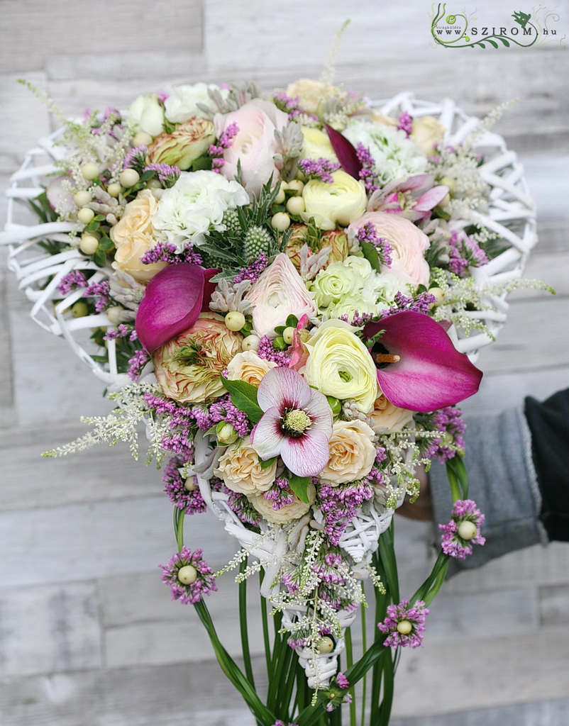 flower delivery Budapest - Bridal bouquet in heart shape (Anemone, English rose, bushy rose, ranunculus, calla, eryngium, limonium, hypericum, pink, white)