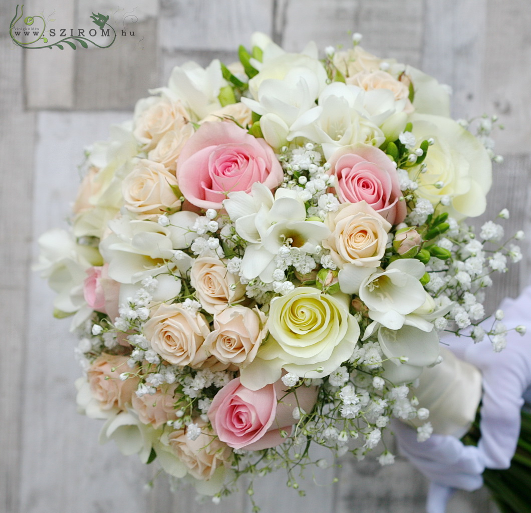 flower delivery Budapest - Bridal bouquet with roses, freesias, gypsophilas (white, cream, pink)