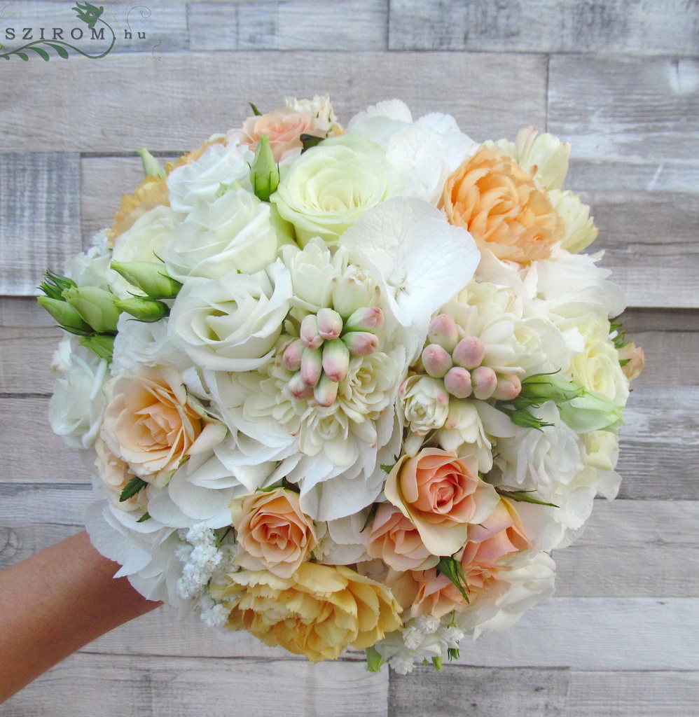 flower delivery Budapest - Bridal bouquet with hydrangea, tuberose, carnation (liziantusz, fehér, barack, krém)