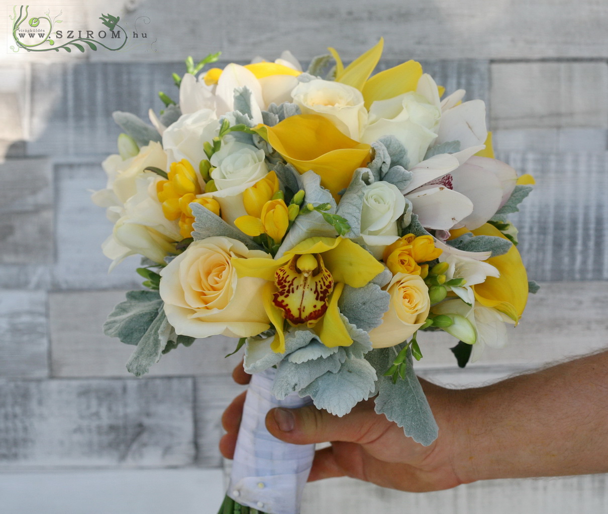 flower delivery Budapest - Bridal bouquet light grey, yellow (Calla, fresia, orchid, rose, white, yellow)