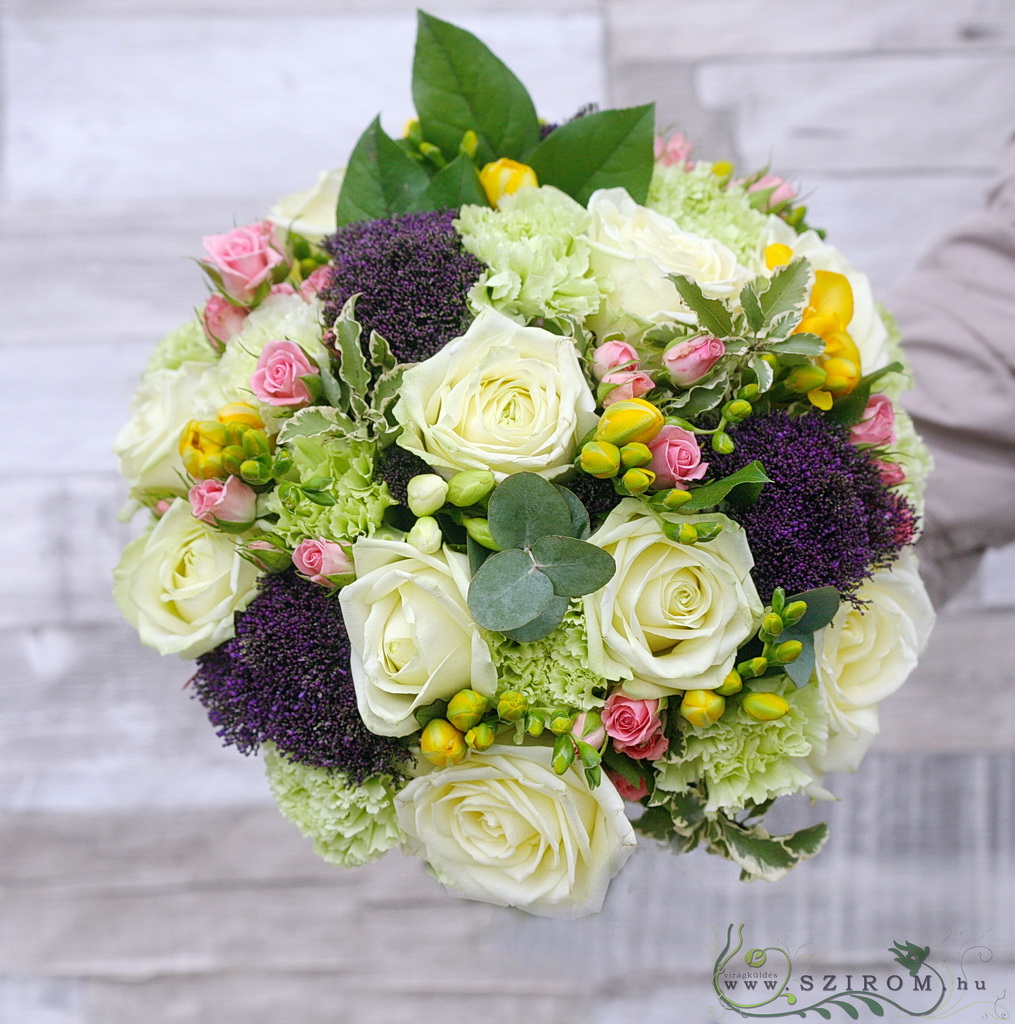 flower delivery Budapest - Bridal bouquet (rose, freesia, carnation, trachelium, purple, white, yellow