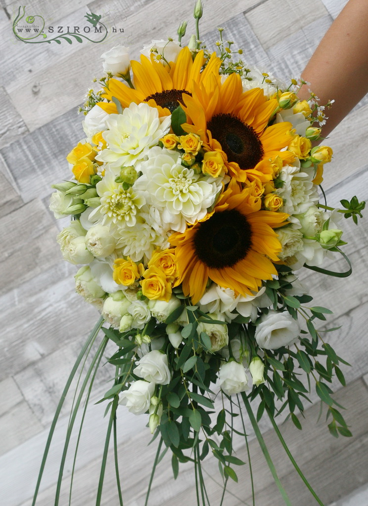 flower delivery Budapest - Teardrop bridal bouquet with sunflowers (rose, bushy rose, rose, dali, liziantus, yellow, white)