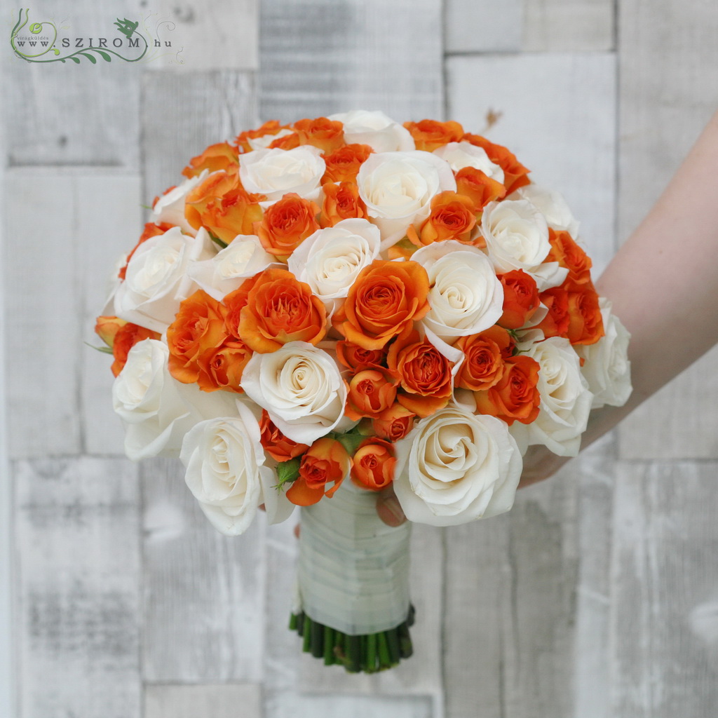 flower delivery Budapest - Bridal bouquet with cream roses and orange mini roses