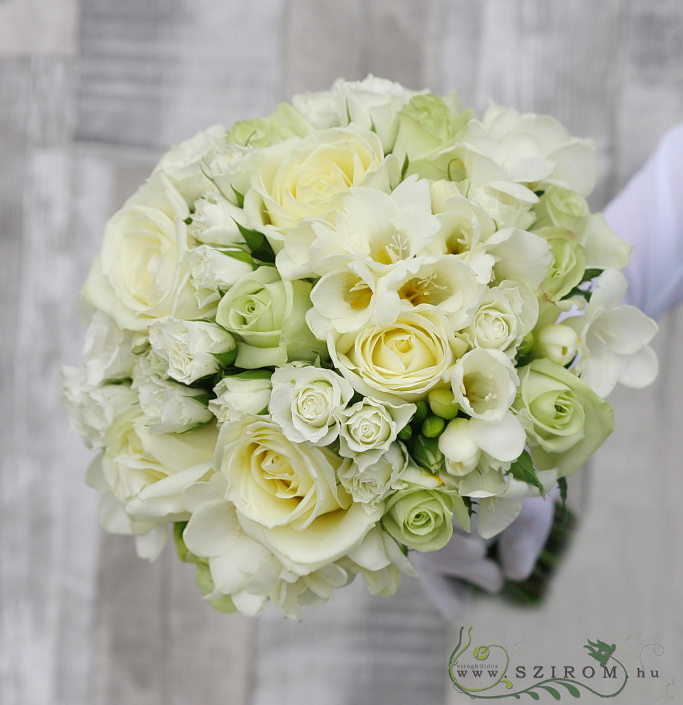 flower delivery Budapest - Bridal bouquet with white spray rose, freesia, green rose