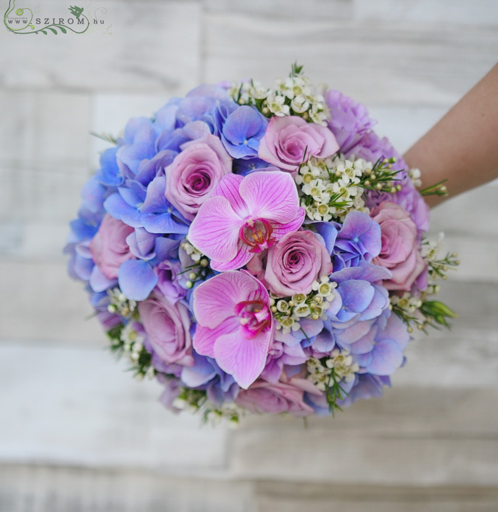 Menyasszonyi csokor hortenziával, orchideával (rózsa,vax, kék, lila, rózsaszín)