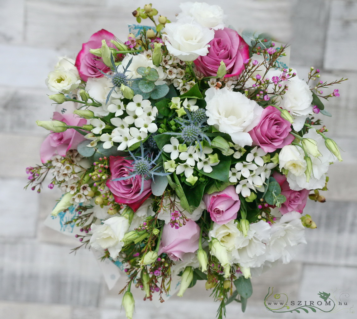 flower delivery Budapest - Bridal bouquet purple, meadow style, with greenery (rose, lisianthus, bouvard, wax, eryngium, white, pink)