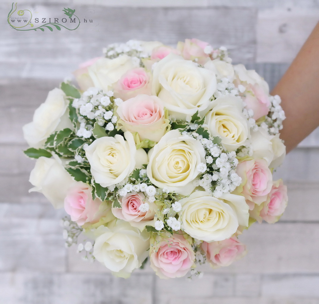 flower delivery Budapest - Bridal bouquet with pink and white roses, baby's breath