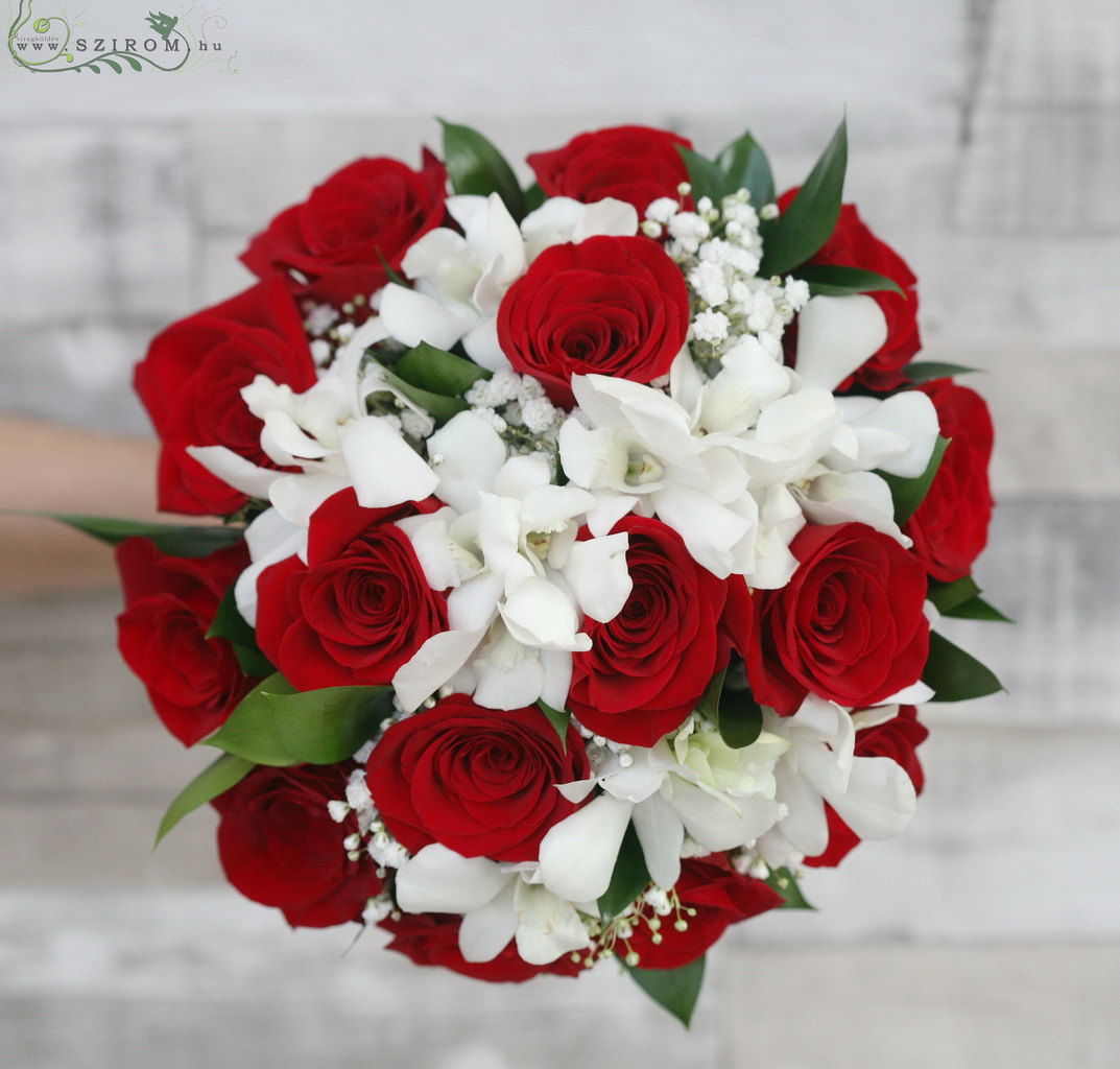 flower delivery Budapest - Bridal bouquet with red roses and white dendrobium orchids