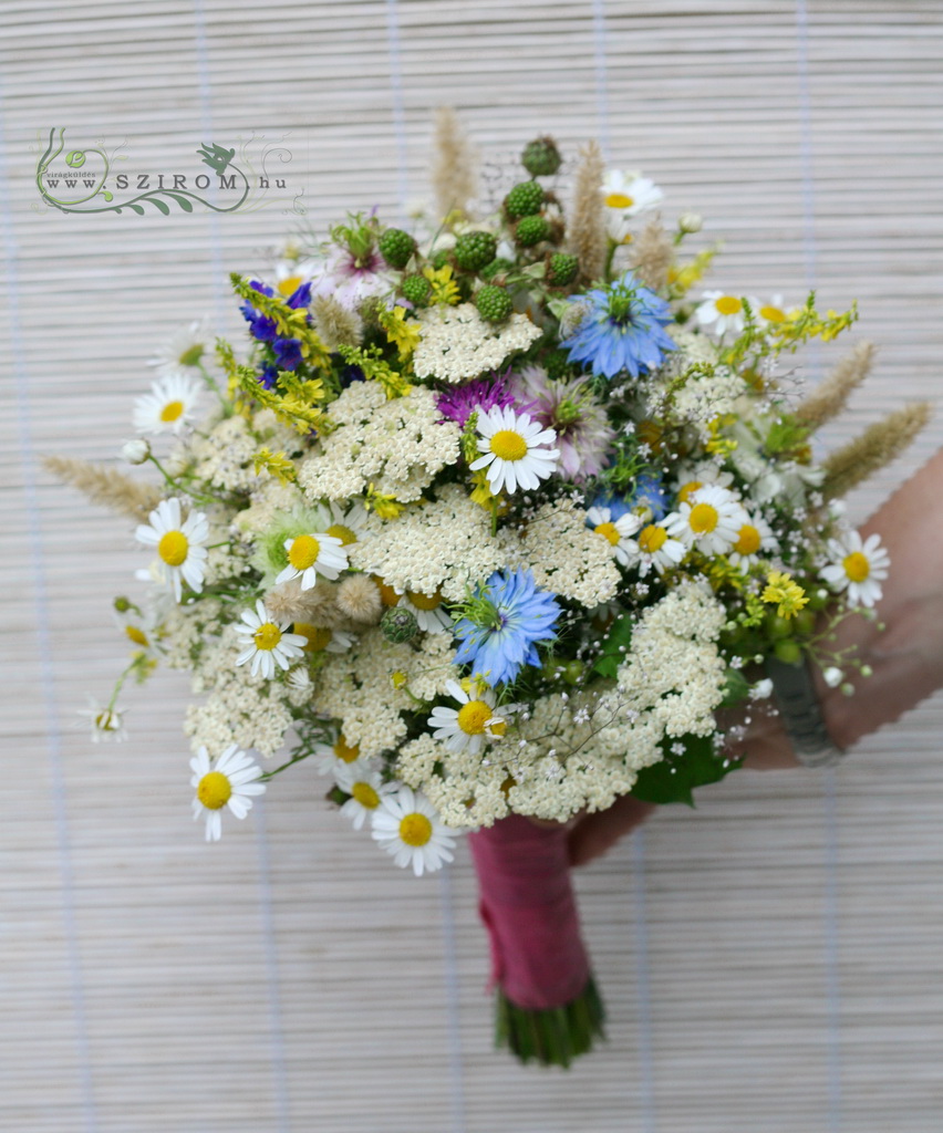 Menyasszonyi csokor mezőn gyűjtött virágokból (kamilla,delphinium , szeder, lila, kék, fehér, sárga)