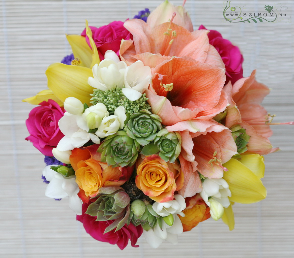 flower delivery Budapest - Colorful bridal bouquet with peach amaryllis (rose, orchid, freesia, Sempervivum, limonium, white, orange, peach, pink, yellow)