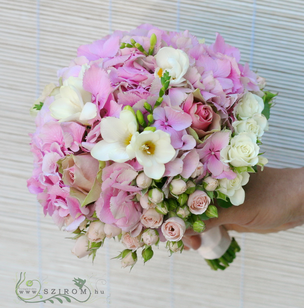 flower delivery Budapest - Bridal bouquet with pink hortensia, rose and freesia (white, pink)