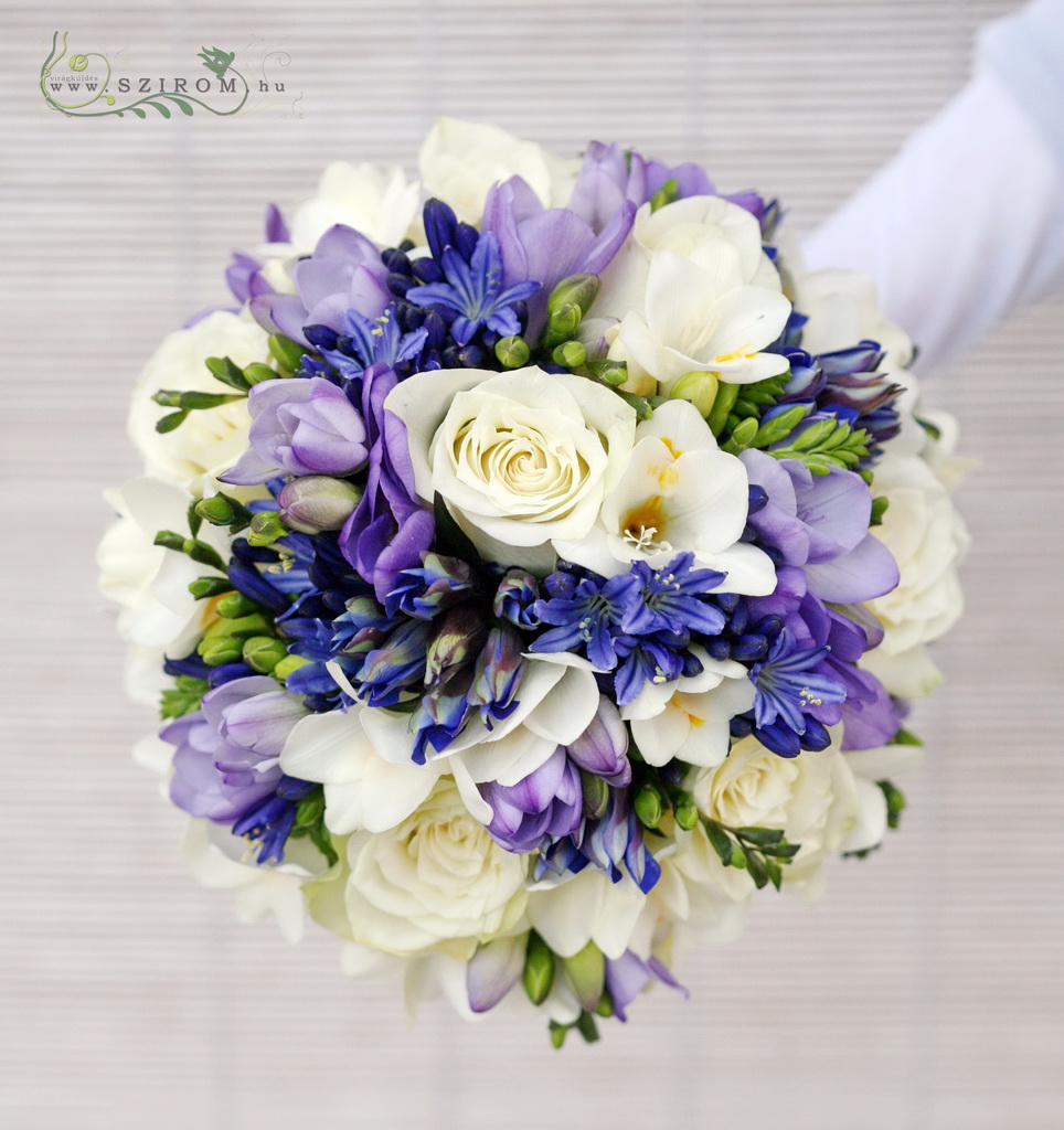 flower delivery Budapest - Bridal bouquet with freesias, blue agapanthusses and white roses