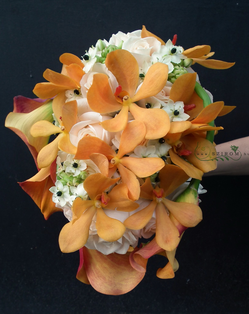 flower delivery Budapest - Bridal teardrop bouquet of roses and orange mokara orchids (ornithogalum, white)