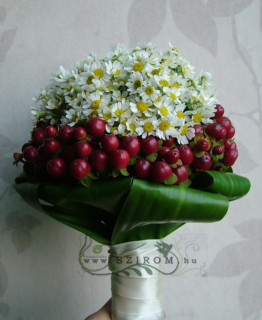 flower delivery Budapest - Bridal bouquet of camomilles and hypericums (red, white)