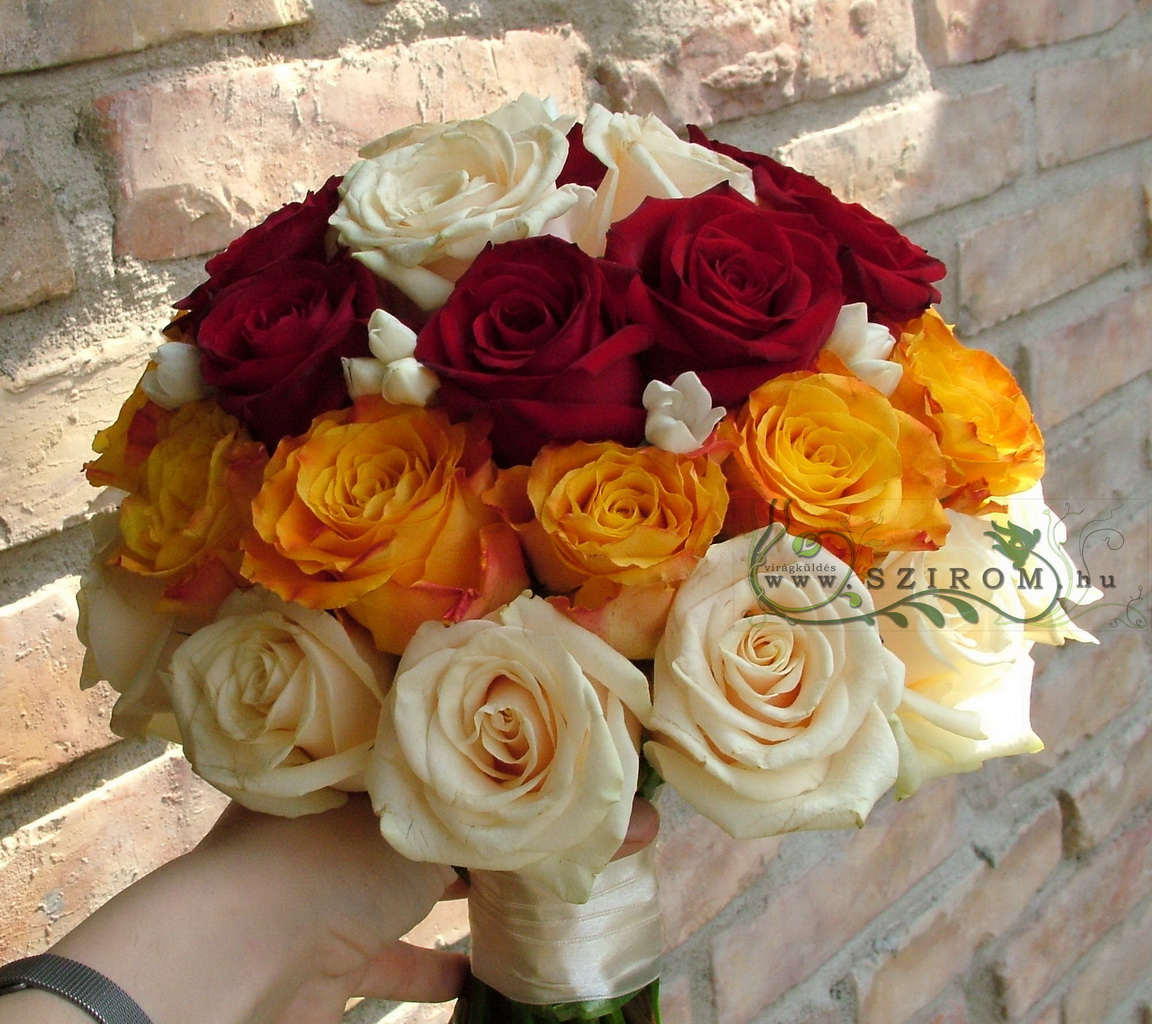 flower delivery Budapest - Bridal bouquet of roses (cream, orange, red)