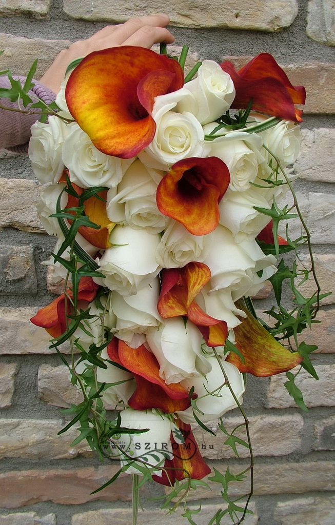 flower delivery Budapest - Bridal cascade bouquet of roses and callas (orange, white)