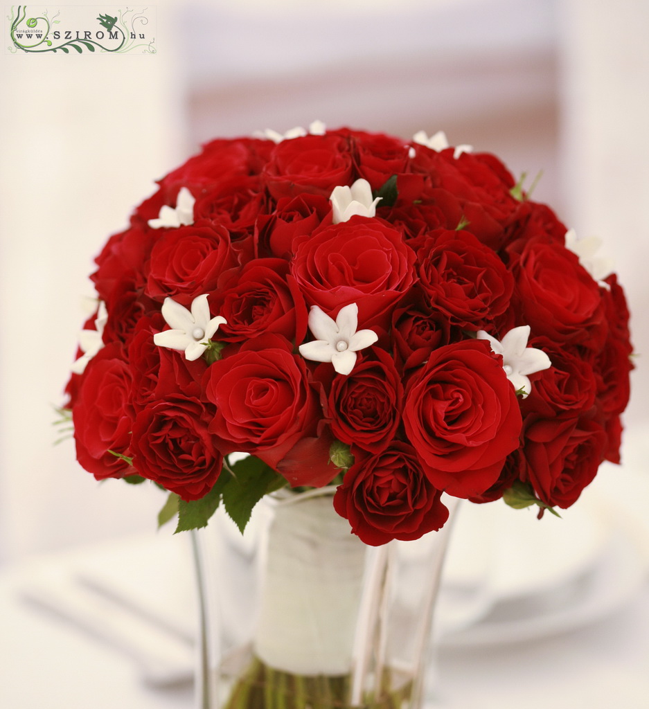 flower delivery Budapest - Bridal bouquet with red roses and spray roses and stephanotis