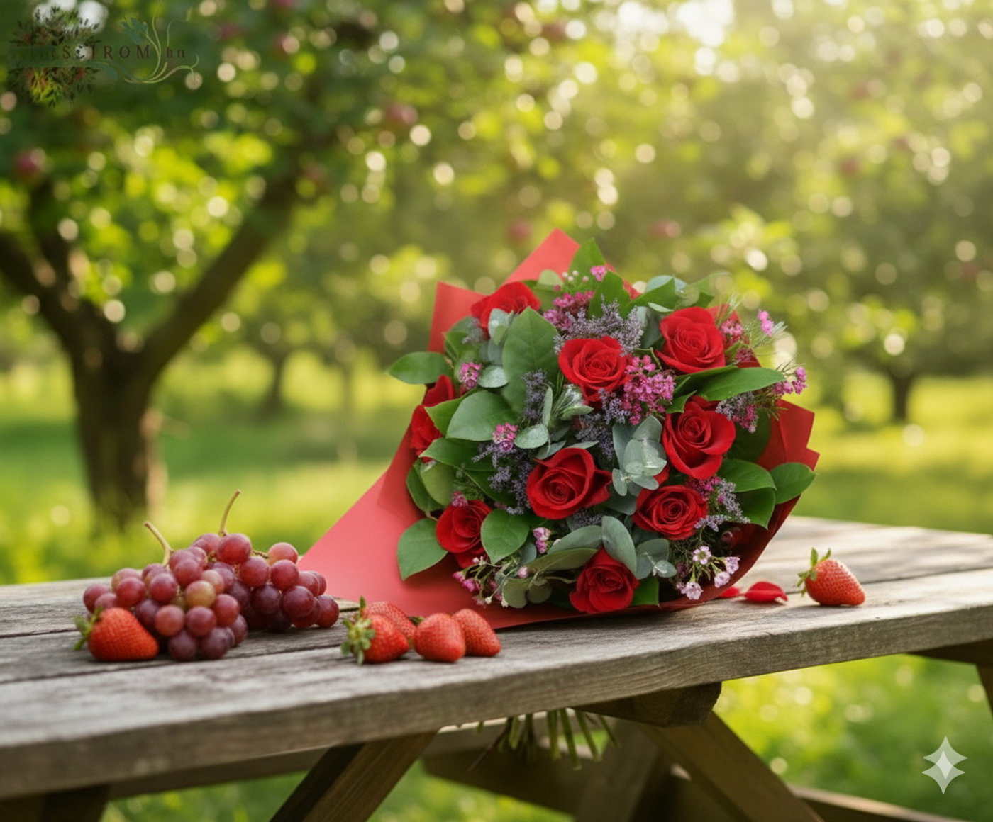 Blumenlieferung nach Budapest - 9 rote Rosen mit Wiesenblumen