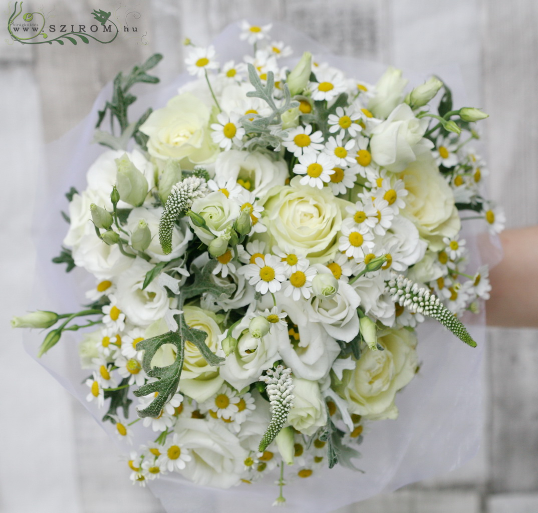 flower delivery Budapest - Bridal bouquet (rose, lisianthus, camomile, veronica, white)