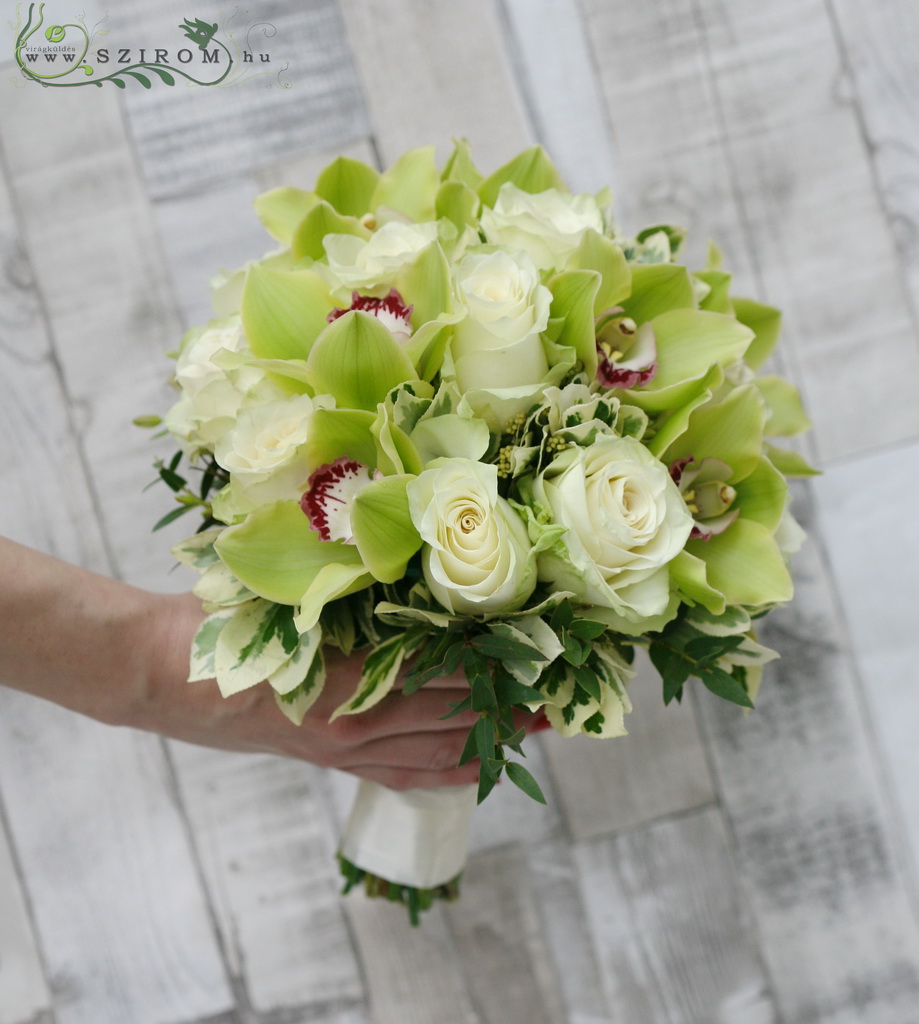 flower delivery Budapest - Bridal bouquet with rose and cymbidium orchid (green, white)