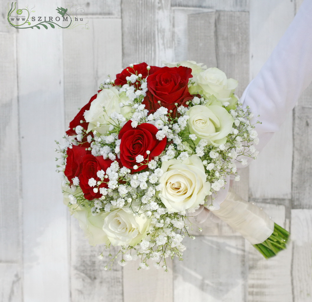 flower delivery Budapest - Bridal bouquet with roses and baby breath (red,white)