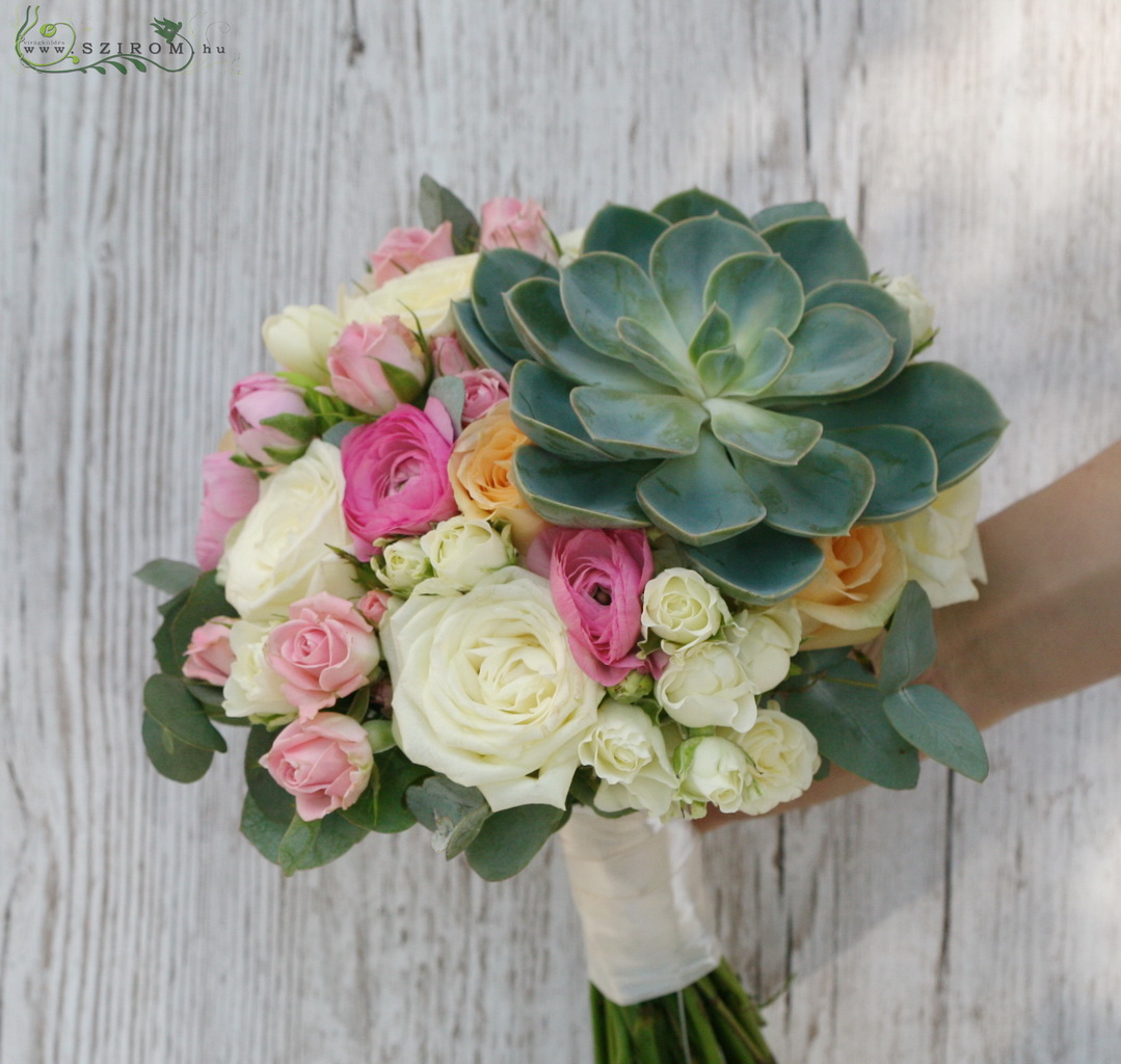 flower delivery Budapest - Bridal bouquet with rose, buttercup, sempervivum (white, pink, peach)