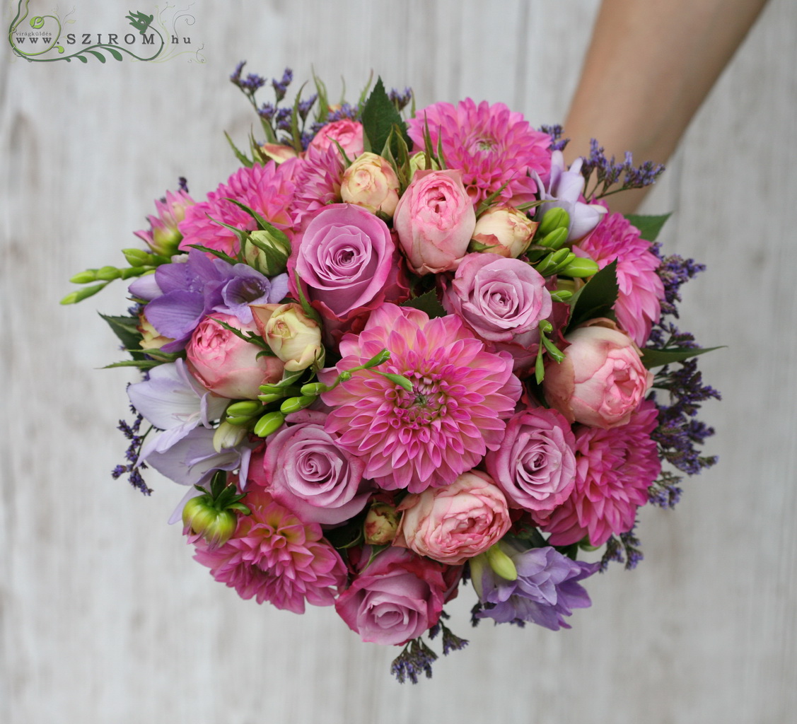 flower delivery Budapest - Bridal bouquet with dahlia, rose, fresia (purple, pink)