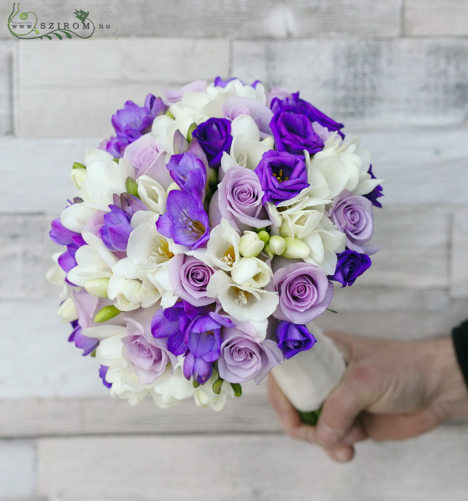 flower delivery Budapest - Bridal bouquet ( freesia, rose, lisianthus, purple, white)