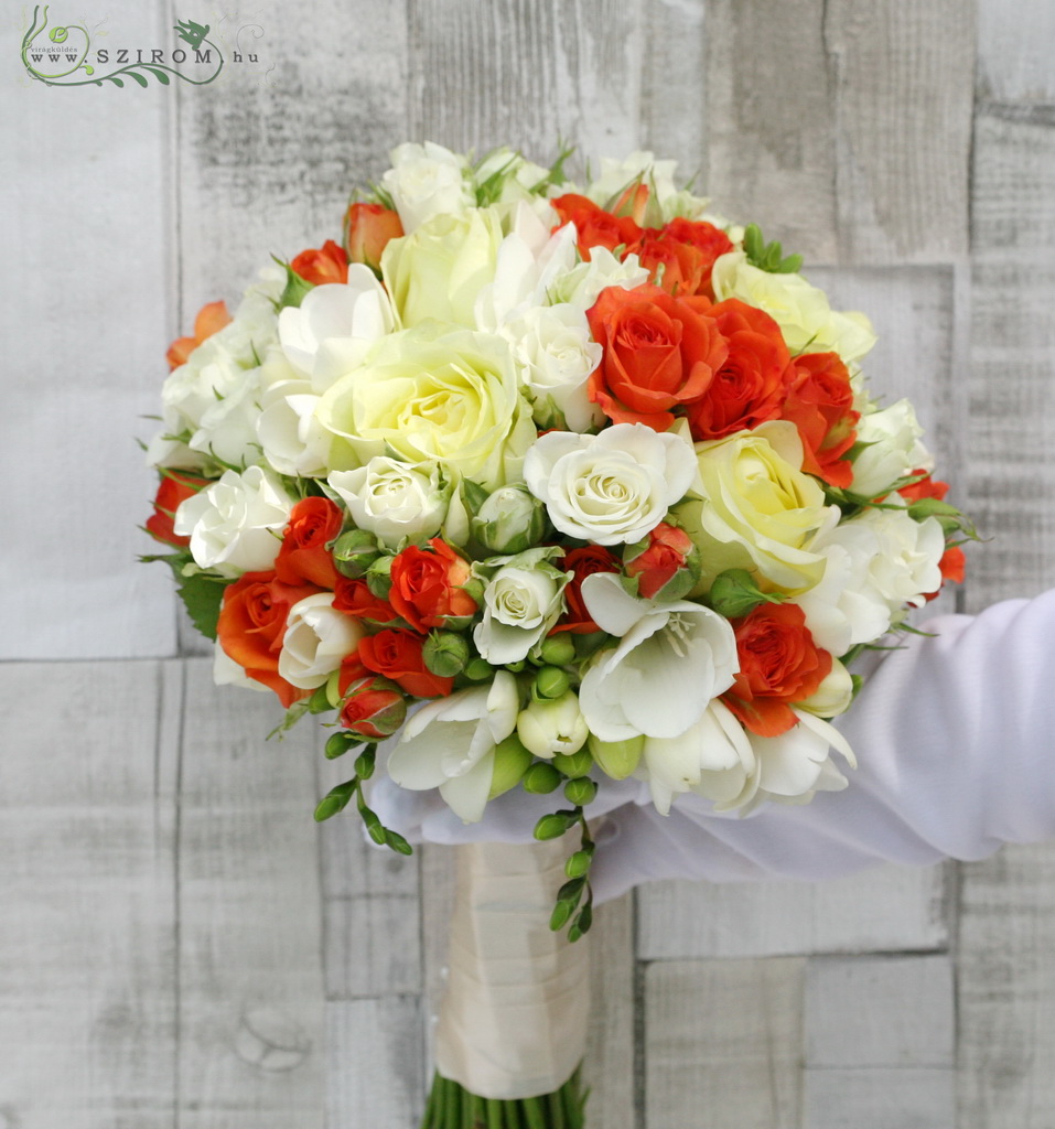 flower delivery Budapest - Bridal bouquet ( freesia, rose, spray rose, white, orange, cream)