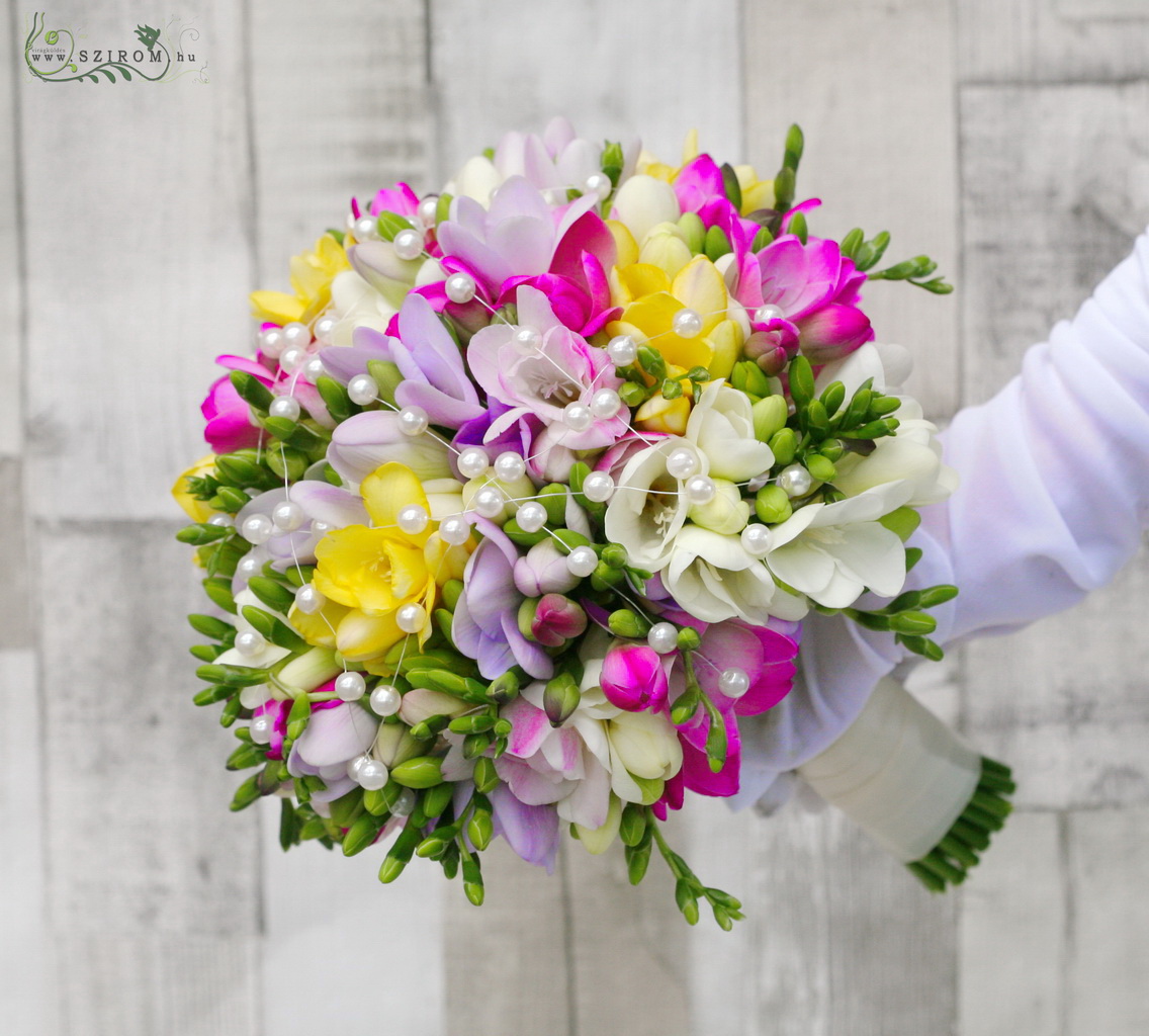 flower delivery Budapest - Bridal bouquet made of freesia with decor pearls (yellow, pink, purple)