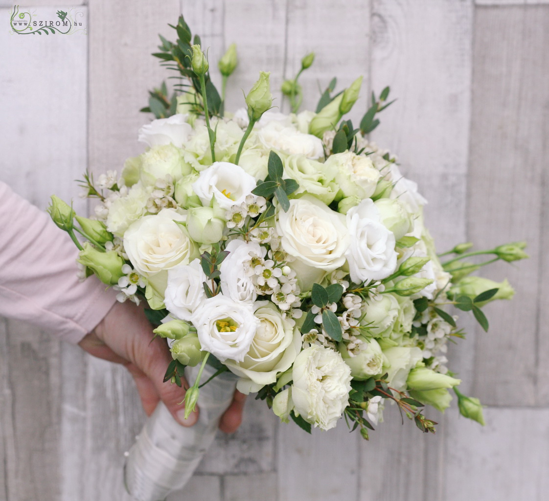 flower delivery Budapest - Bridal bouquet (lisianthus, rose, english rose, wax,white)