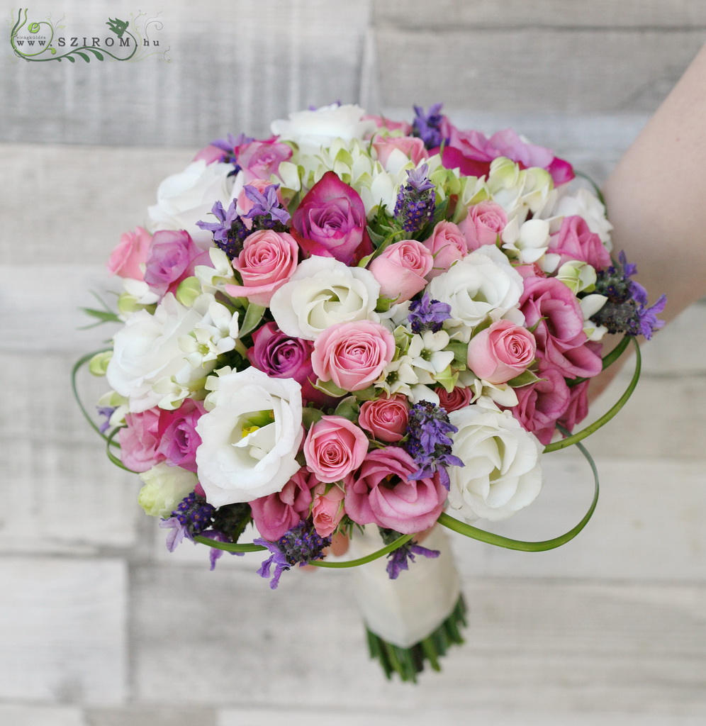 flower delivery Budapest - Bridal bouquet (lisianthus, rose, spray rose, bouvardia, lavander, pink, white, purlple)