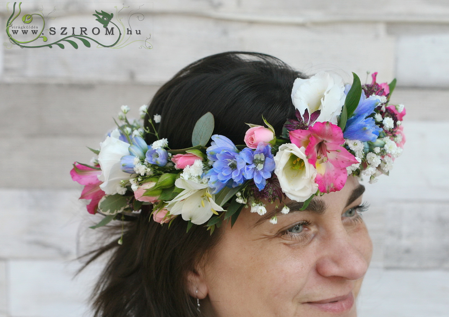 flower delivery Budapest - Hair decor for mixed flowers (rose, gypsophila, liziantus, alstroemeria, delphinium, white, blue, pink)