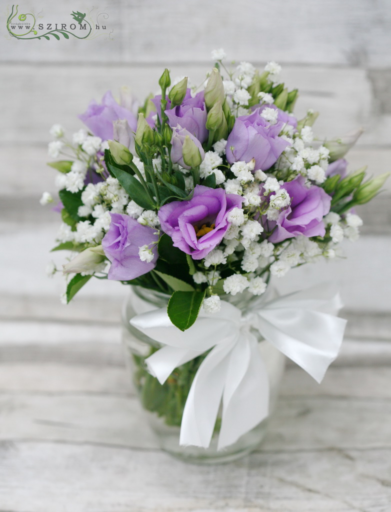 flower delivery Budapest - Small bouquet in vase (purple lisianthus, baby breath), wedding
