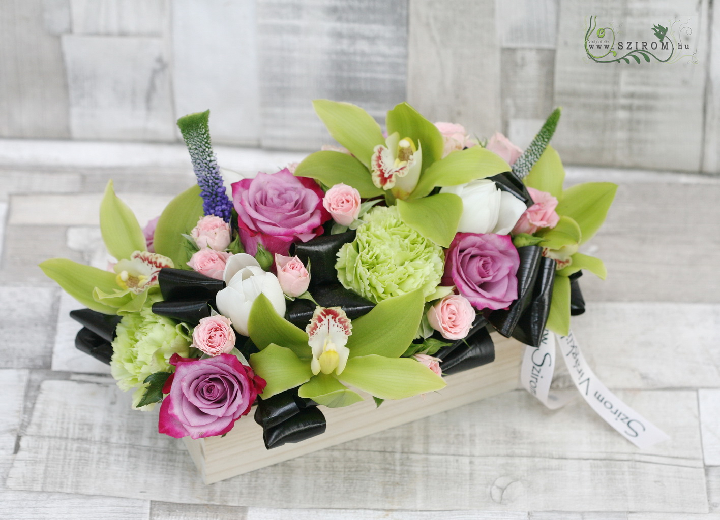 flower delivery Budapest - Purple green arrangement (rose, orchid, tulip, carnation), wedding