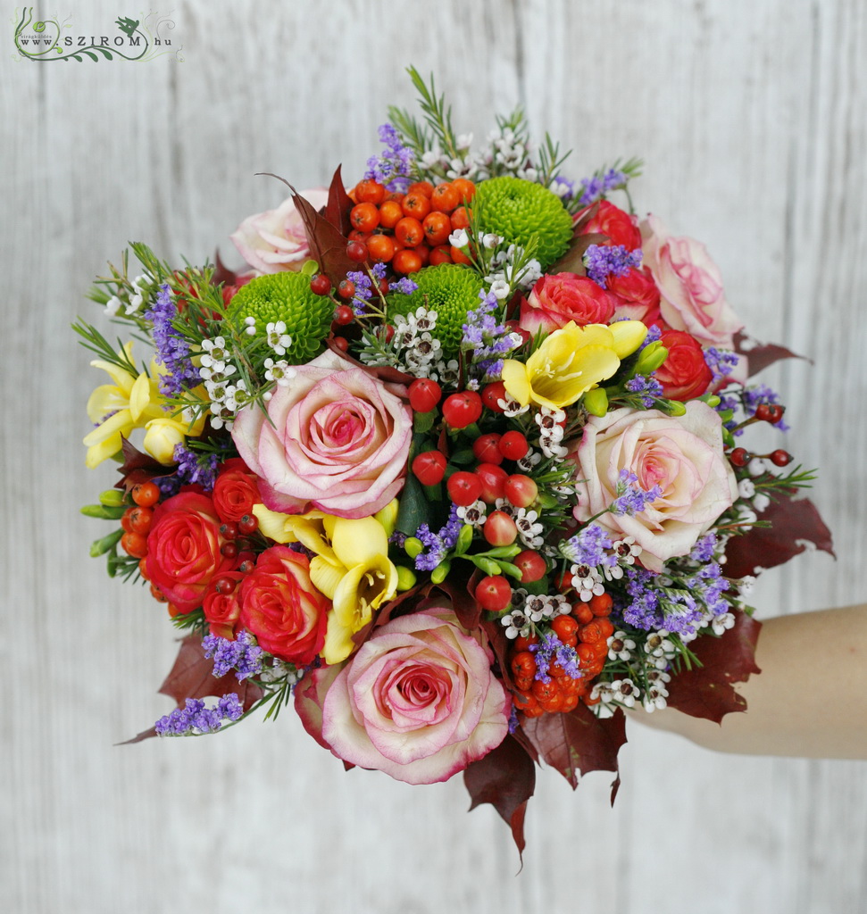 flower delivery Budapest -  bridal bouquet (rose, hyperum, spray roses, chrysanthemum, wax, freesia, orange, yellow, green)