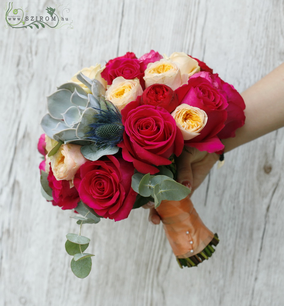 flower delivery Budapest - bridal bouquet (rose, english rose, sempervivum, eryngium, red, peach)