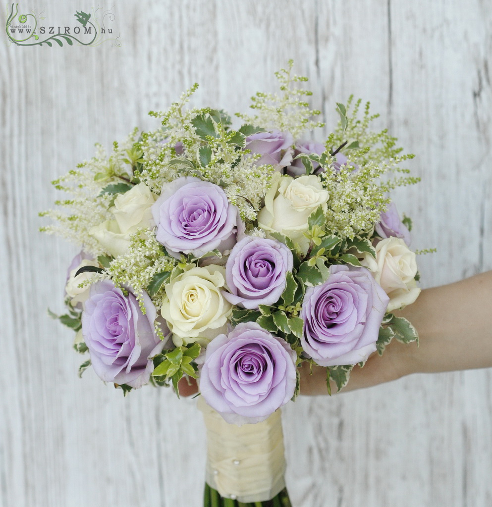 flower delivery Budapest - bridal bouquet (rose, astilbe cream, purple, pasztell)